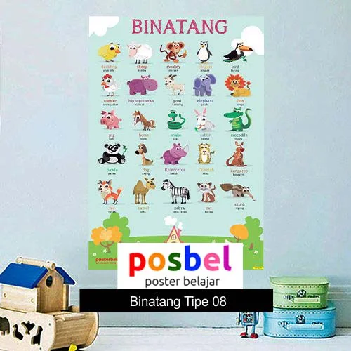 Binatang tipe 8 poster belajar mainan anak edukatif edukasi bahasa inggris alat peraga