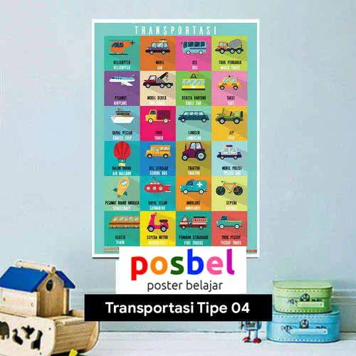 Transportasi tipe 4 poster belajar mainan anak edukatif edukasi bahasa inggris alat peraga